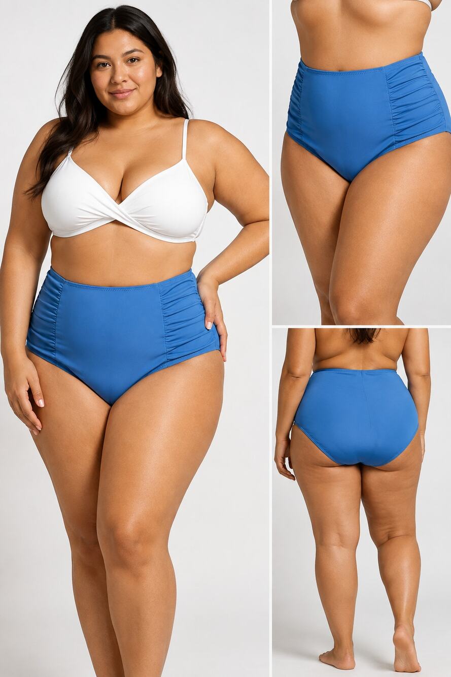 Blue High Waisted Ruched Swim Bottoms XL TG Plus Size Tummy Control Bikini Brief